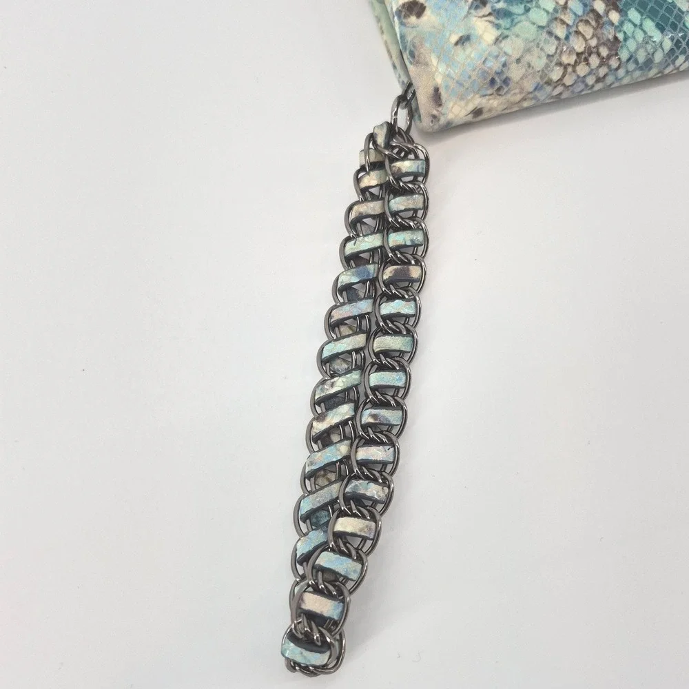 Bryany Blue Python Embossed‎ Wristlet Wallet Clutch Chain Strap Vegan Leather